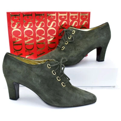 Vintage ESCADA Moss Green Suede Lace-Up Bootie Heels Pumps size 9.5 M - Image 1 of 4