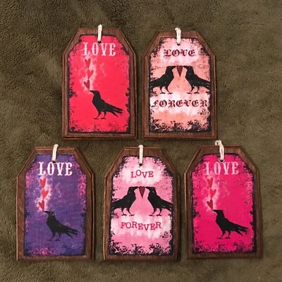 5 WOODEN Handcrafted  VALENTINE CROW HangTags Ornaments Bowl Fillers SET1 - Image 1 of 4