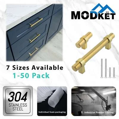 Tiradores modernos de latón satinado dorado cepillado de herrajes de cocina de acero inoxidable Foto 1 de 4