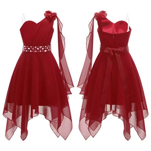 UK Girls Ball Gown One Shoulder Chiffon High Low Hem Prom Wedding Party Dress - Picture 1 of 77