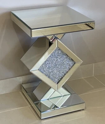 Mirrored and crushed crystal sparkle pedestal Glitz mirrored designer side table - Image 1 of 4