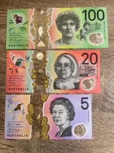 3 Banknoten 100 $ + 20 $ + 5 $ Dollar Australien Polymer Cir Banknote. 100-20-5 AUD - Bild 1 von 2