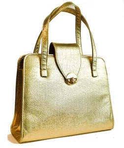 Large Mod GoGo 60s Textured Crushed Vinyl Gold Handbag Tote Purse by JR - Picture 1 of 9