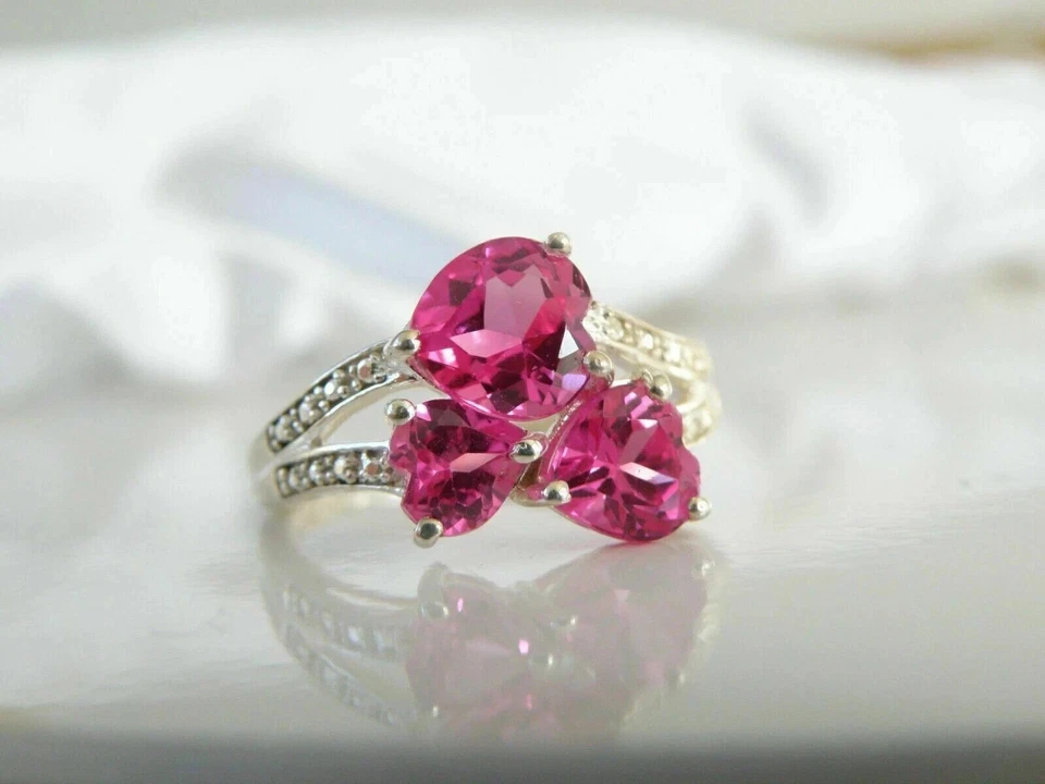 Помолвочное кольцо с тремя камнями сапфиром с покрытием из белого золота 14 карат 3 карата - Изображение 1 из 4