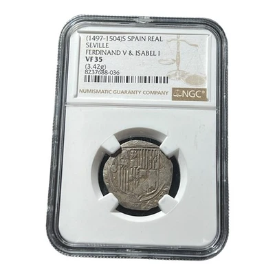 ESPAÑA Fernando V e Isabel I 1497-1504 Real de Plata Colonial, Sevilla NGC VF35 Foto 1 de 2