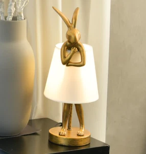 Sikevht 15" Vintage Gold Resin Bunny Table Lamp+Shade+LED E12 BULB IMPERFECTION - Picture 1 of 12