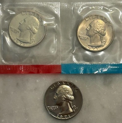 1971-P, 1971-D, 1971-S Washington Quarter - Proof & BU 3 Coin Lot - Mint Cello - Image 1 of 4