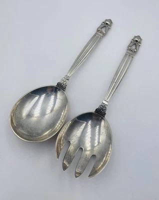 Georg Jensen Dinamarca Antiguo Juego de 2 piezas de ensalada para servir bellota de plata esterlina Foto 1 de 4