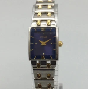 Pulsar Watch Women 16mm Silver Gold Tone Blue Dial 1N00-X029 New Battery 6.75" - Picture 1 of 13