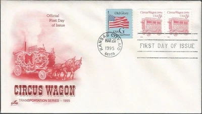 Scott 2452D FDC - 5 cent - Circus Wagon - 1995 + #2888 - Old Glory - 1994 - FDOI - Image 1 of 2