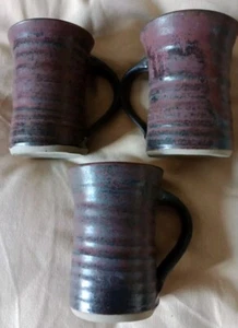 X 3 Studio Pottery Mugs Rustic Purplish Red Colour Unknown Maker - Picture 1 of 7
