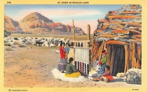 Native American "At Home In Navajo-Land " Reservation Vtg 1940's Linen Postcard - Imagen 1 de 2