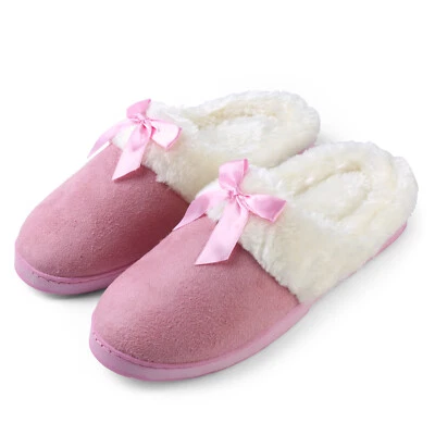 Aerusi Women Pink Plush Soft Indoor Shoes Winter Warm Bowknot Slippers Size 7-9 - Image 1 of 4