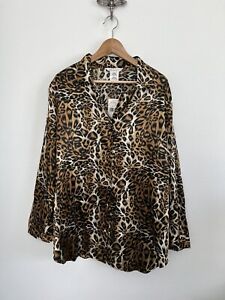 Secret Treasures Leopard Satin Pajama Top  Size 1X Brown Long Sleeve Button NWT