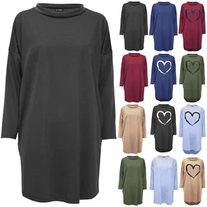 Women Ladies Side Pockets Plain Fleece Oversize 3/4 Sleeve Sweatshirt Mini Dress - Picture 1 of 31