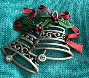 JJ Weihnachts Brosche Anstecknadel Vintage Glocke doppelt offen groß Emaille Zinn Nachlass - Bild 1 von 6