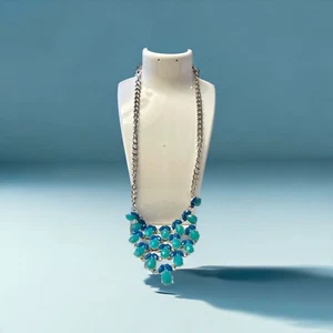 Necklace, Silver Tone Green and Blue Statement Necklace  (R7) - Picture 1 of 5