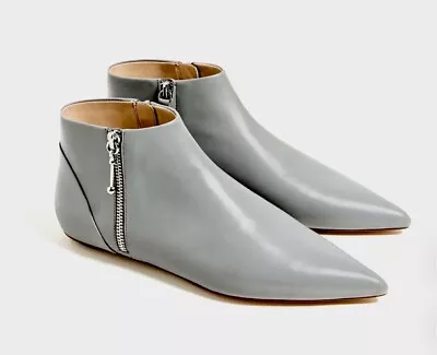 NEW! ZARA Zip Ankle Boot Women's 7.5 Gray Leather Pointy Toe Flat Heel MSRP $139 - Image 1 of 4