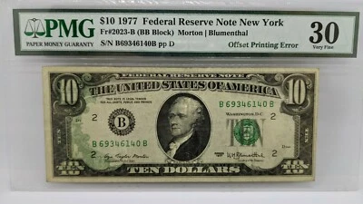1977 $10 Federal Reserve Note New York PMG 30 - Offset Printing Error - Image 1 of 4