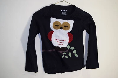 Sleeping Owl Long Sleeve Chenille Needlepoint Graphic Shirt GIRLS M 8 Black - Image 1 of 4