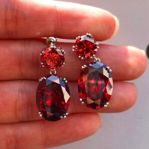 Amazing Oval Round 4 Stones Red Topaz Gemstone Silver Hook Stud Earrings Women