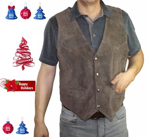 Herren echt weiches Wildleder braun Leder Druckknopfverschluss Western/Biker Weste   - Bild 1 von 3