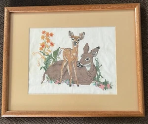 Vintage Framed Cross Stitch – Deer & Fawn Handmade Wall Art 17x21 - Picture 1 of 4