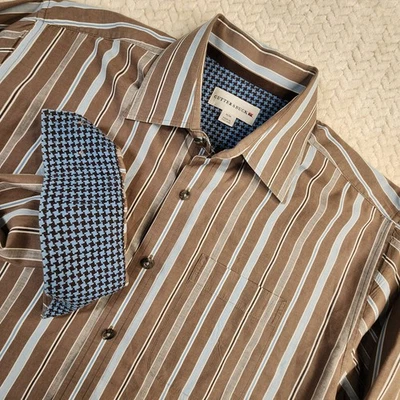 Camisa Cutter & Buck Para Hombres M/M Marrón Rayas Manga Larga Con Botones Puño Abatible Foto 1 de 4