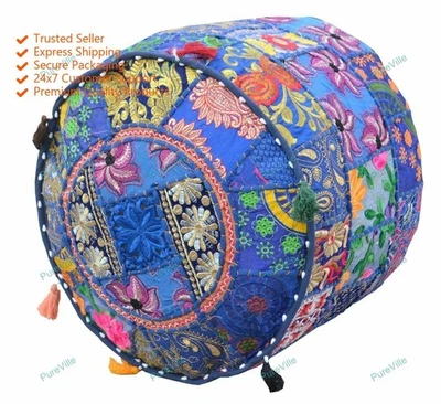 New Indian Floral Pouf Ottoman Foot Stool Cover Poof Floor Pillow - Image 1 of 4