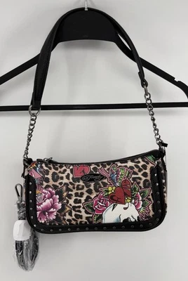Bandolera de hombro con tachuelas Ed Hardy nueva con etiquetas - Calavera, corazones y más - Estampado de leopardo Foto 1 de 3
