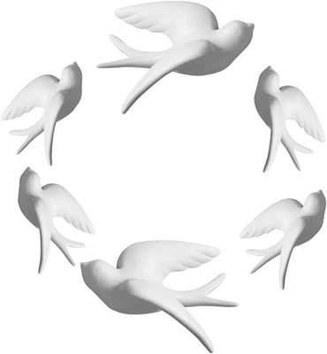 Set of 6 White Ceramic Birds Doves Sparrows Swallows Wall Mounted Hanging Decor - Image 1 of 4