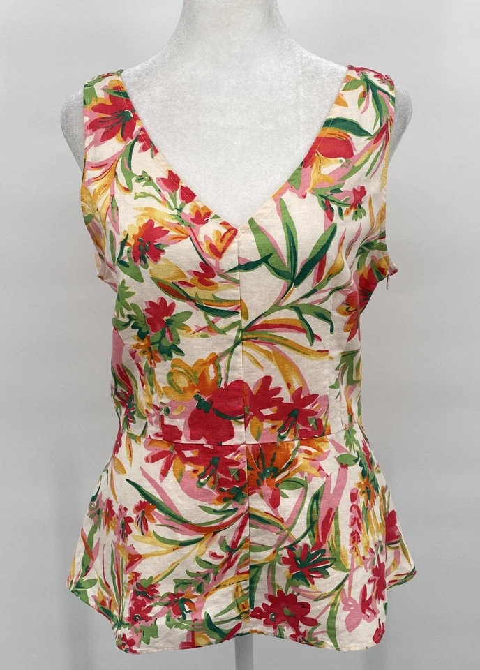 J Crew Top Feminino 6 Mescla de Linho Peplum Tropical Fitted Babydoll Coastal Resort - Imagem 1 de 4