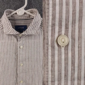 Eton Cotton Linen Lightweight Striped Romania Slim Medium Poplin Brown Shirt Men - Picture 1 of 19