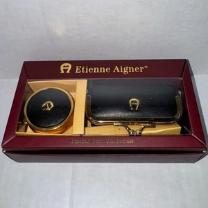 Etienne Aigner Lipstick Case Pill Box Set Black Gold Mirror Leather Vintage NIB - Picture 1 of 7