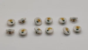 Vintage Set Of 12 Loose Shank White Buttons With Yellow Flowers - Picture 1 of 6