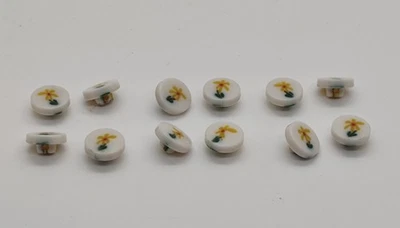 Vintage Set Of 12 Loose Shank White Buttons With Yellow Flowers - Image 1 of 4