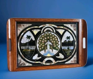 ANTIQUE BUTTERFLY WING SERVING TRAY INLAID WOOD GLASS TOP LARGE RIO BRAZIL - Picture 1 of 20