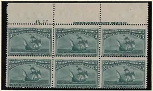 1893 COLUMBIAN 3c Sc 232 MNH plate block of 6 with OG - APS Certficate - Picture 1 of 2