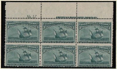 1893 COLUMBIAN 3c Sc 232 MNH plate block of 6 with OG - APS Certficate - Image 1 of 2