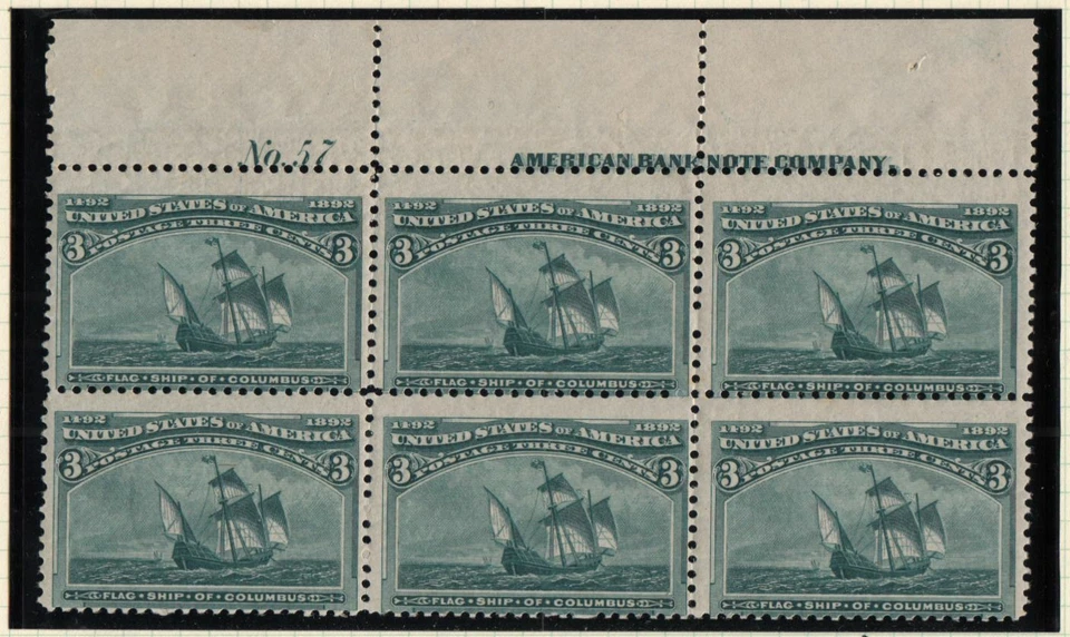 1893 COLUMBIAN 3c Sc 232 MNH plate block of 6 with OG - APS Certficate - Image 1 of 2