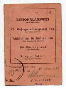 R.S.I. - German Pass - PERSONALAUSWEIS - War Industry - Year 1944 - Picture 1 of 3
