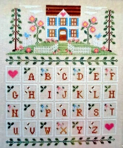 Cottage Alphabet - Flowers, Hearts, Picket Fence, Cottage - Cross Stitch Chart - Picture 1 of 2