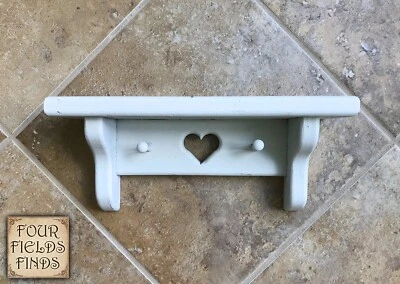 Vintage Distressed White Wall Shelf Matte Paint Pegs & Heart 12" x 3.5 x 5.25" - Image 1 of 4