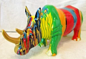 Modern Pop Art Paint Drip Rhino Rhinoceros Sculpture 19.5" long - Picture 1 of 10