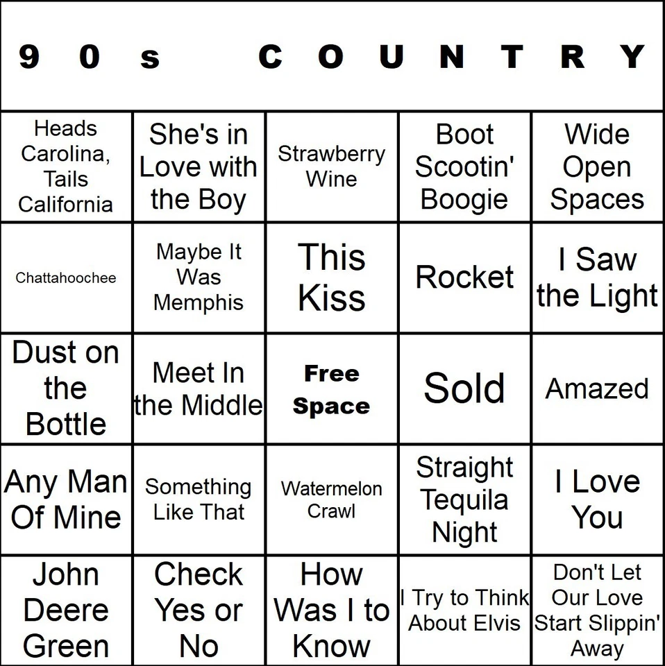 Tarjetas de bingo de música country 100 años 90 impresas y laminadas con listas de reproducción Foto 1 de 1