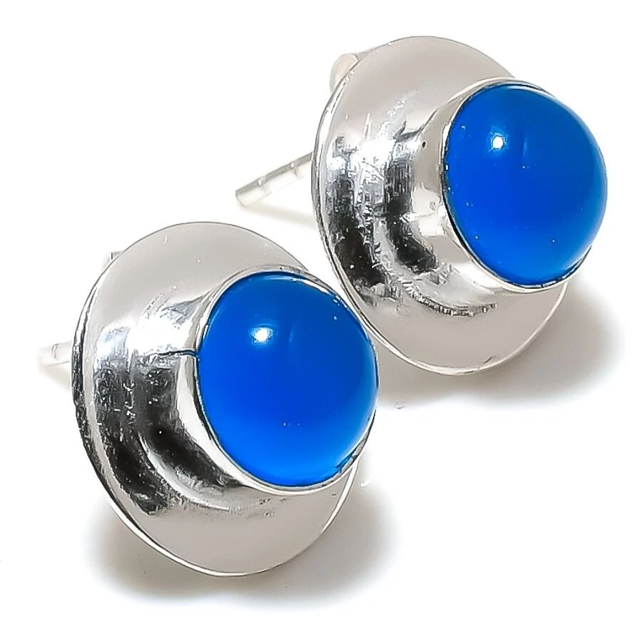 Blau Chalzedon Edelstein Handmade 925 Sterlingsilber Top Ohrring Größe 2.5cm - Bild 1 von 1