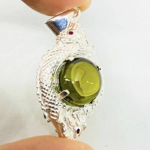GREEN Round Naga-eye 2Heads Pendant 925-Silver Jewelry Thai Amulet Wealthy Rich - Picture 1 of 5