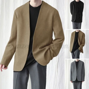 Men's Long Sleeve Collarless Henley Blazer Cardigan Open Front Coat Thin Jacket - Picture 1 of 15