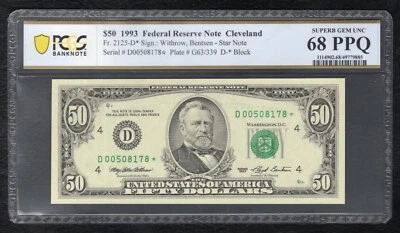 FR 2125-D* 1993 $50 *STAR* FRN CLEVELAND, OH PCGS BANKNOTE GEM UNC-68PPQ (G) - Image 1 of 2