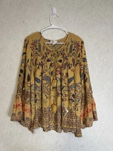 GYPSY QUEEN Tunika Bluse Top Glockenärmel senf Blumen Pailletten Boho Hippie LARGE - Bild 1 von 11